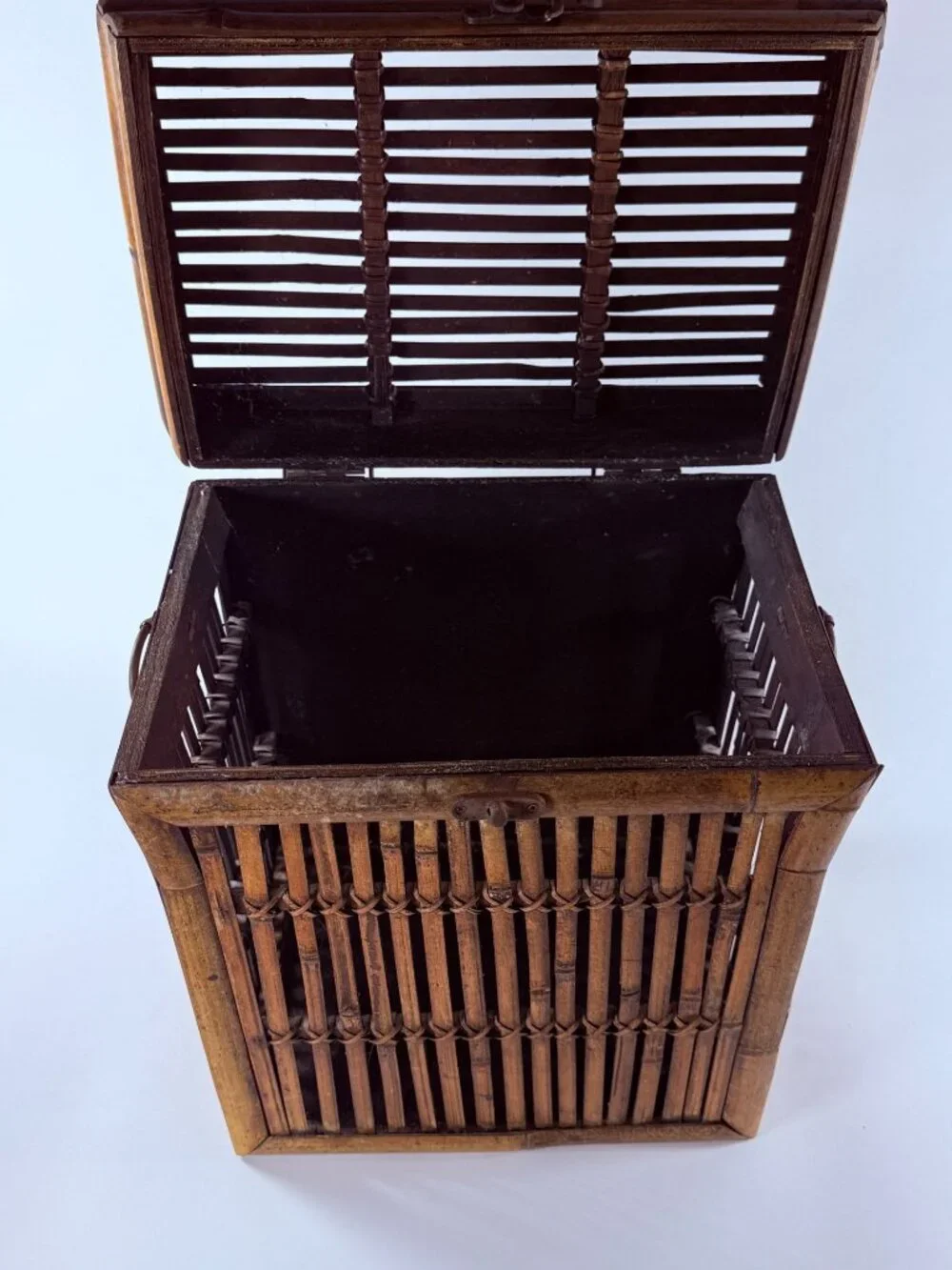 Bamboo & Wood Lattice Storage Box W/Hinged Lid Metal Clasp Wall Clips 14 in Tall